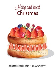 Sweet christmas cake with strawberry and other fruits. Blue, red berries. Holiday Vector