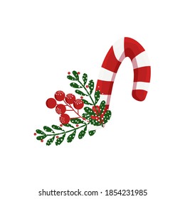 Dulce caña de caramelo de Navidad aislada en un fondo blanco. Elemento gráfico para la tarjeta de saludo en Año Nuevo y Navidad. Ilustración del vector