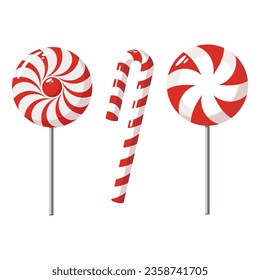 Sweet Christmas candy. Lollipop on a stick. Festive sweetness. Caramel candies. Sweet New Year's dessert.