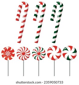 Sweet Christmas candy. Lollipop on a stick. Festive sweetness. Caramel candies. Sweet New Year's dessert.