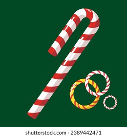 Sweet Christmas candy. Lollipop on a stick. Festive sweetness. Caramel candies. Sweet New Year's dessert. Vector design.