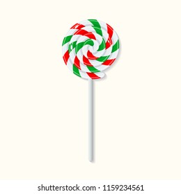 Sweet Christmas candy lollipop with red, green and white strips isolated on white background. Graphic element for greeting card on New Year and Christmas. Vector illustration