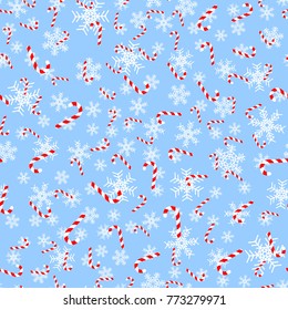 Sweet Christmas candy, seamless pattern on blue texture. Cute New year, Christmas holidays background.