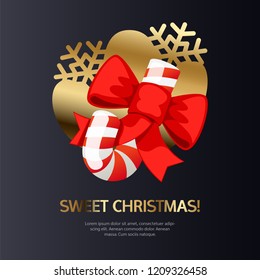 Sweet Christmas card with candy on golden backdrop. Luxury poster. Clipping paths included.