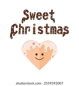 Sweet Christmas card text with Christmas cookie, gingerbread heart cake. Vector flat style card. Happy New Year greeting illustration eps.