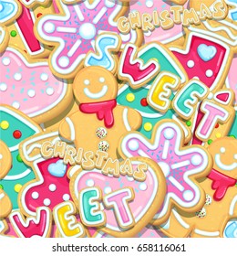 Sweet christmas cookies. Seamless vector pattern of homemade pastry baking with inscriptions. Snowflake, heart, gingerbread man, sock, christmas tree