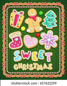 Sweet Christmas cookies set. Vector illustration homemade holiday baking. Gingerbread Man, gift box, snowflake, sock, Christmas tree, heart and sweets on a green background with a frame lollipop