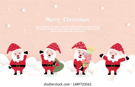 Sweet Christmas cover banner Santa action. He is carrying gift boxes with open arms saying hi. stand on paper background pastel pink color snowy fall.wording merry space cartoon winter Claus lovely new year time.