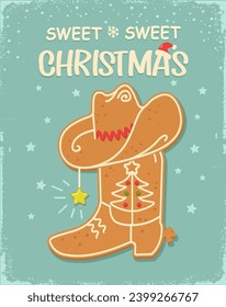 Sweet Christmas cowboy boot gingerbread cookie vintage card background with christmas text on old paper texture. Christmas gingerbread cowboy hat Howdy Western baked cookie holiday snow background