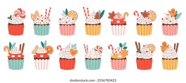 Sweet Christmas cupcakes with lollipops, cookies, candy canes, cinnamon, orange. Merry Christmas. Vector illustration in flat style