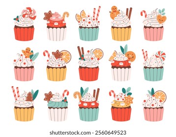 Sweet Christmas cupcakes with lollipops, cookies, candy canes, cinnamon, orange. Merry Christmas. Vector illustration in flat style