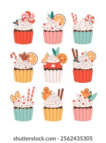 Sweet Christmas cupcakes with lollipops, cookies, candy canes, cinnamon, orange. Merry Christmas. Vector illustration in flat style