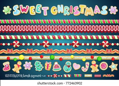 Sweet christmas design element. Border candy, cookies and and brush segments for different shapes of frames. Big vector holiday set. 