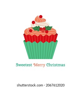 Sweet Christmas dessert cupcake cute vector icon. Festive pastry holly berry decorated cartoon design element. Sweetest Merry Christmas. Winter season holiday homemade bakery background illustration