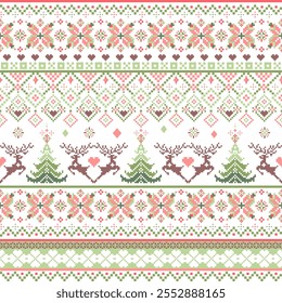 Sweet Christmas fabric pattern in pixel art style with a traditional Scandinavian style deer, making it perfect for holiday cards, sweaters, and seasonal decor.