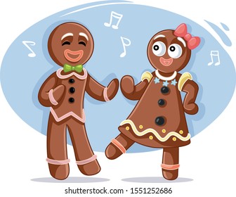 
Sweet  Christmas Gingerbread Couple Dancing. Funny Gingerbread Man And Woman Celebrating On Holidays
