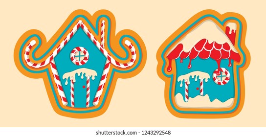 sweet christmas gingerbread house with candy cane. vector set