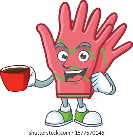 Sweet christmas gloves cartoon character with a cup of coffee