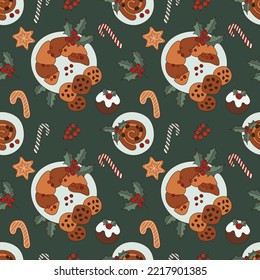 Sweet Christmas and Happy New Year retro style seamless pattern with candies and gingerbread. Vector illustration.