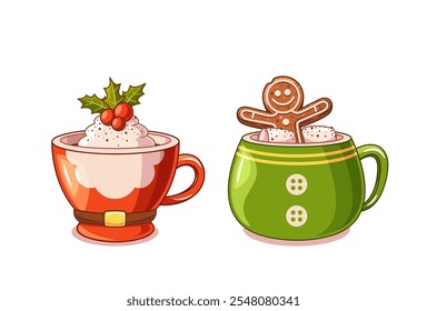 Sweet Christmas hot drinks in mug decorated like Santa and elf with whipped cream and marshmallow