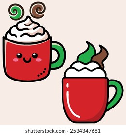 Sweet Christmas Mug Designs. Two whimsical red mugs with green handles: one topped with a smiling swirl, the other with festive whipped cream and toppings.