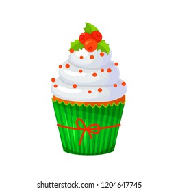 Sweet Christmas And New Year Cupcake With Berries. Santa Hat. Creative Element For Your Design. Vector Illustration. Eps 10