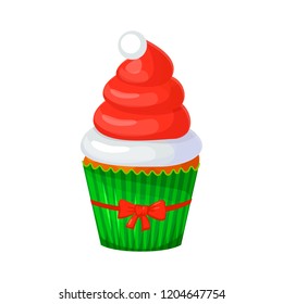 Sweet Christmas And New Year Cupcake. Santa Hat. Creative Element For Your Design. Vector Illustration. Eps 10