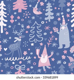 Dulce patrón de Navidad sin fisuras con símbolos de vacaciones: Papá Noel, reno, juguetes, regalos, estrellas, corazones, abetos. Bonito fondo vectorial de vacaciones en colores azules