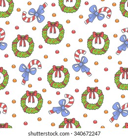 Sweet Christmas seamless pattern with holiday symbols. Happy New Year background, wrapping paper texture, silhouette. Classic elements Christmas pattern winter background