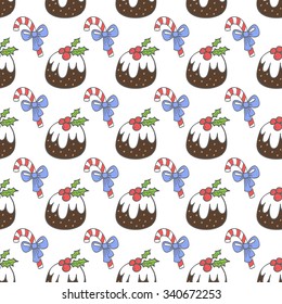 Sweet Christmas seamless pattern with holiday symbols. Happy New Year background, wrapping paper texture, silhouette. Classic elements Christmas pattern winter background