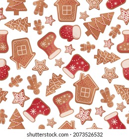 Sweet Christmas seamless pattern with the image of gingerbread cakes of various shapes. New Year gingerbread pattern for the print. Vector illustration