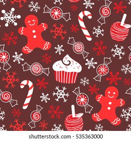 Sweet Christmas seamless pattern, wrapping paper texture, silhouette. Classic elements Christmas pattern winter background. Holiday icon.