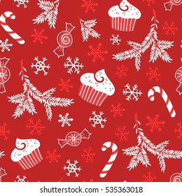 Sweet Christmas seamless pattern, wrapping paper texture, silhouette. Classic elements Christmas pattern winter background. Holiday icon.