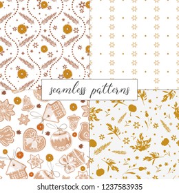 Sweet christmas set of seamless patterns with gingerbread man, house, ball, bells, stars, oranges and snowflakes