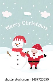 Sweet Christmas snowman stands with cute Santa. freezing mountains and clouds on paper cut background with merry wording. post card celebration party pastel color adorable winter new year season style.