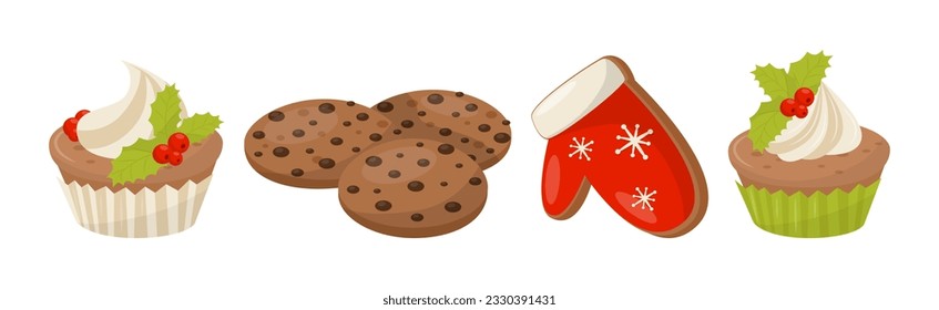 Sweet Christmas Treat with Cookie and Cupcake Vector Set