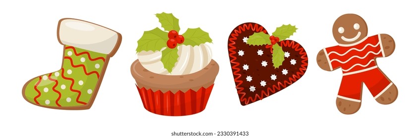 Sweet Christmas Treat with Cookie and Cupcake Vector Set