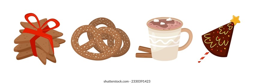 Sweet Christmas Treat with Cookie, Pretzel and Warm Drink with Marshmallow in Mug Vector Set