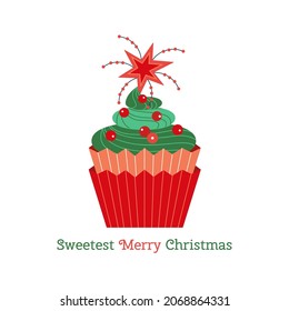 Sweet Christmas tree cute cupcake vector icon. Festive pastry Xmas tree star decorated cartoon design element. Sweetest Merry Christmas. Winter season holiday homemade bakery background illustration