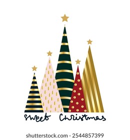 Sweet Christmas Trees with Gold Accents and Handwritten Text on White Background