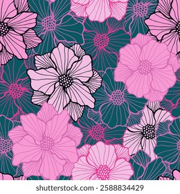 Sweet chrysanthemum flower repeating design. Hand drawn floral background. Poppy bloom with outline petals. Bedclothes print. Field blossom summer periodic sample stencil motif.