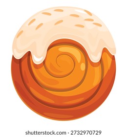 Sweet cinnamon roll coated in white icing and sprinkled with sesame seeds, creating a tempting treat