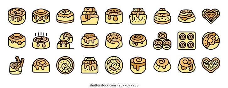 Sweet cinnamon roll icons depict various styles of the delicious pastry, often drizzled with icing, stacked, or shaped into hearts