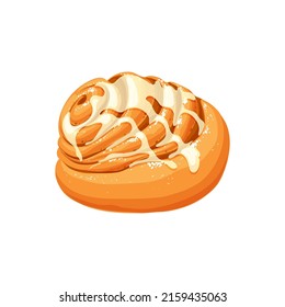 Sweet cinnamon roll isolated cartoon bun covered by syrup. Vector danish cinnamon roll, sweet cinnabon for patisserie menu, mini bun in shape of snail, fresh dessert kanelbullar, bakery food