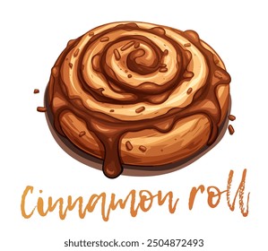 Icono de Vector de rollo de canela dulce aislado en un fondo blanco. Encantadora ilustración de dibujos animados de un rollo de canela clásico con un glaseado rico y pegajoso, rociado con salsa de caramelo y decorado 