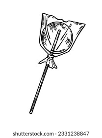 Sweet circle lollipop on wooden stick. Vintage vector illustration in sketch style. Hand drawn caramel candy