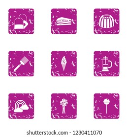 Sweet city icons set. Grunge set of 9 sweet city vector icons for web isolated on white background