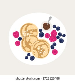 Sweet classic breakfast with pancakes. top view vector illustration. Pancakes with chocolate and berries. Plate with a beautiful breakfast. blueberries and raspberries