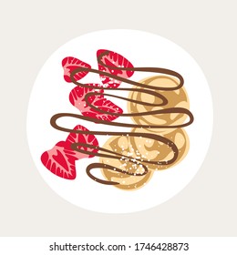 Sweet classic breakfast with pancakes. top view vector illustration. Pancakes with chocolate syrup and berries. strawberries and chocolate