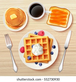 Sweet classic breakfast with waffles berries jam toast pancakes and black coffee top view realistic vector illustration 